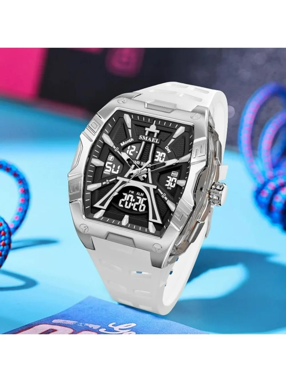 Men's White Analog Quartz Waterproof Sports Classic Square LED Digital Watch